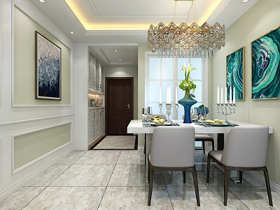 Elegant Modern Dining Room Interior With Chandelier Dining Table Chairs Decorative Paintings And Marble Floor 3d model