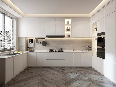 Modern Kitchen Interior With White Cabinets Countertop Range Hood Window And Herringbone Floor 3d model