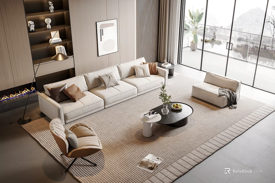Modern L shaped Sofa and Coffee Table Set with Beige Upholstery Throw Pillows and Round Table 3d model 
