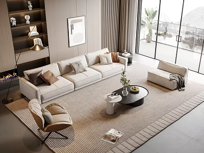 Modern L shaped Sofa and Coffee Table Set with Beige Upholstery Throw Pillows and Round Table 3d model