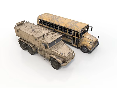 Military Armored Truck And Rusty School Bus Vehicle Models On White Background 3d model