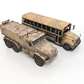 Military Armored Truck And Rusty School Bus Vehicle Models On White Background