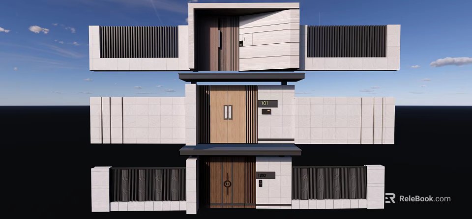 Modern Exterior Feature Wall With Layered Stone Design And Wooden Elements 3d model