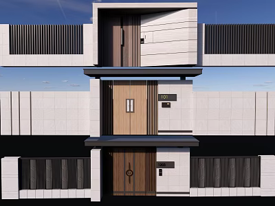 Modern Exterior Feature Wall With Layered Stone Design And Wooden Elements 3d model