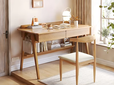 Wooden Home Office Desk With Chair Books Lamp And Potted Plant 3d model