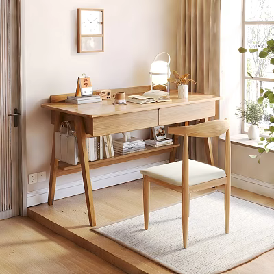 Wooden Home Office Desk With Chair Books Lamp And Potted Plant 3d model