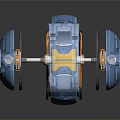 Futuristic Three Blue And Yellow Mechanical Wheels With Metallic Axle And Gears