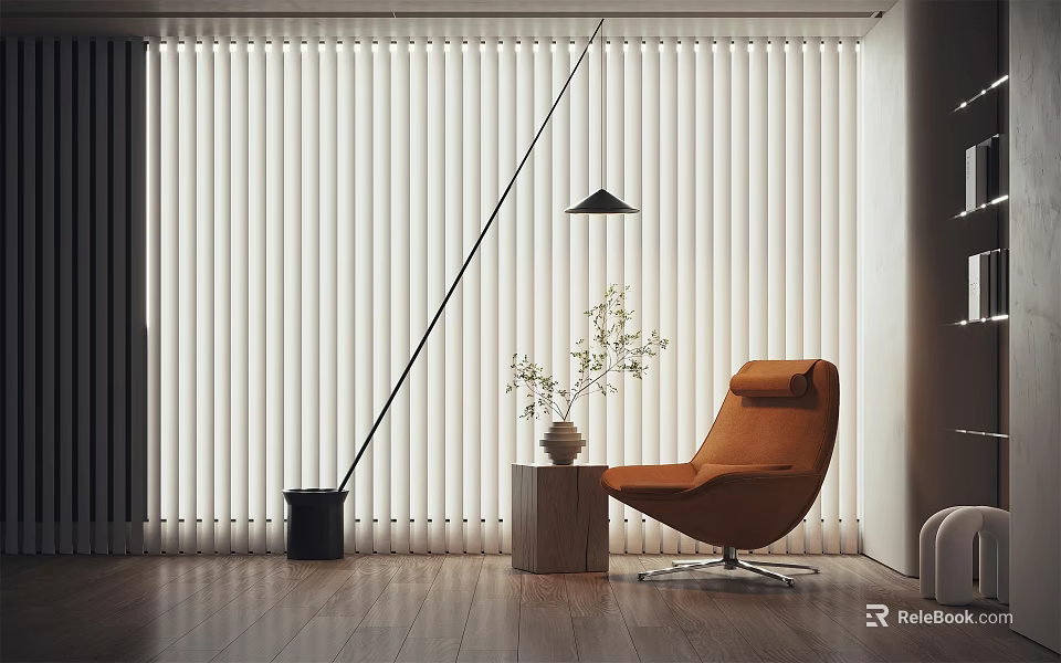 Stylish Orange Lounge Chair With Floor Lamp Plant Vase On Wooden Floor And Vertical Blinds 3d model 