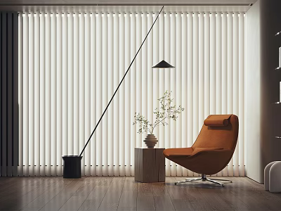 Stylish Orange Lounge Chair With Floor Lamp Plant Vase On Wooden Floor And Vertical Blinds 3d model