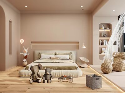 Kids Bedroom Interior With Beige Walls Wooden Floors Large Bed Stuffed Toys And Rabbit Decor 3d model