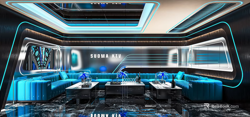 Modern SUOMA KTV Interior Design With Blue Sofas Coffee Tables And Ceiling Lighting 3d model