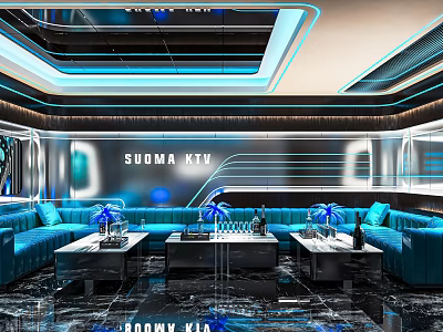 Modern SUOMA KTV Interior Design With Blue Sofas Coffee Tables And Ceiling Lighting 3d model