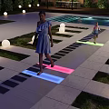 Park Landscape With Piano Keyboard Path Colorful Lights People Walking Round Lights And Pool Area
