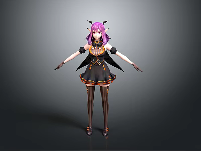 3D Anime Character Model Featuring Purple Hair Black Wings Horns And Thigh High Socks 3d model