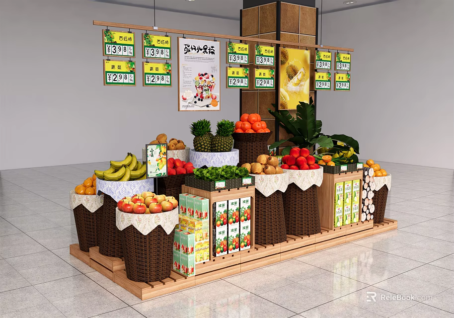 Fruit Display Shelf With Fresh Fruits Packaged Goods And Hanging Posters In Retail Store 3d model 