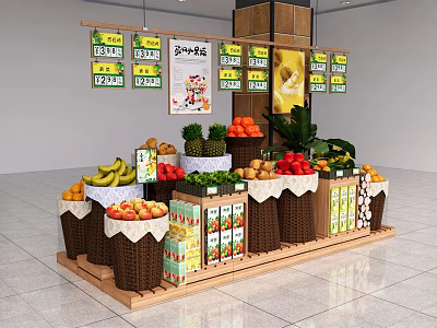 Fruit Display Shelf With Fresh Fruits Packaged Goods And Hanging Posters In Retail Store 3d model