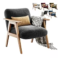 Single Dark Gray Corduroy Sofa With Wooden Armrests Beige Pillow And Geometric Blanket Multiple Colors