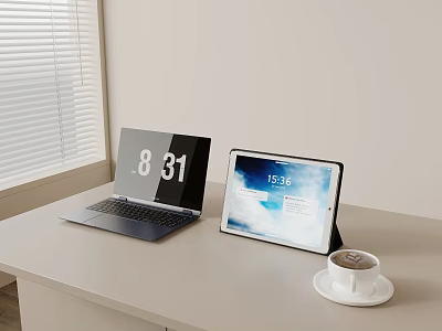 Laptop and Tablet on Desk Displaying Time with Coffee by Window with Blinds 3d model