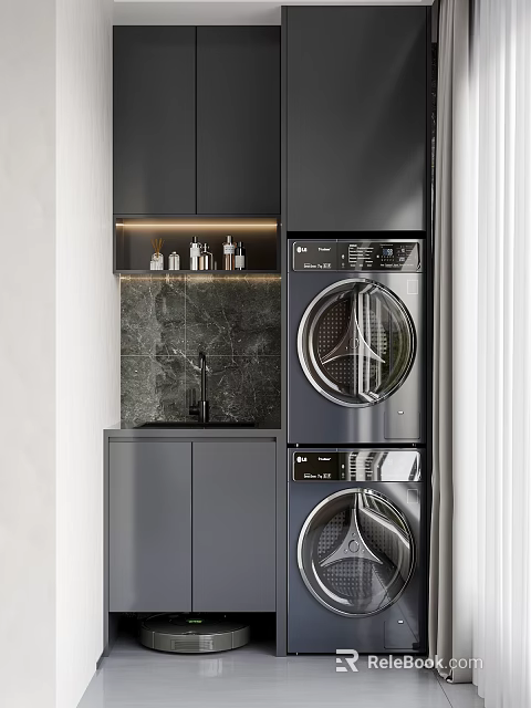 Black Stacked Washing Machine in Modern Laundry Room With Marble Wall And Cabinets 3d model 