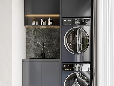 Black Stacked Washing Machine in Modern Laundry Room With Marble Wall And Cabinets 3d model