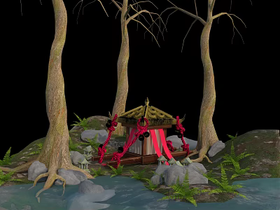 Mystical Forest Landscape With Tall Trees Oriental Pagoda Rocks Ferns And Water 3d model