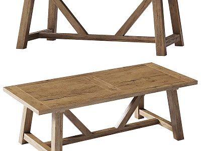 Wooden Dining Table With Cross Leg Design And Matching Bench In Rustic Natural Wood Finish 3d model