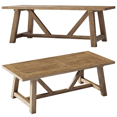 Wooden Dining Table With Cross Leg Design And Matching Bench In Rustic Natural Wood Finish 3d model
