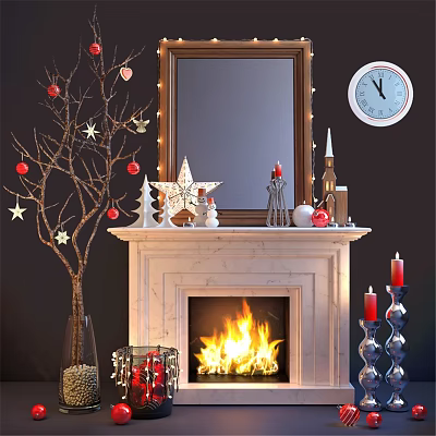 Decorative Ornament Set For Fireplace Mantel With Star Snowman Candles And Decorative Tree 3d model