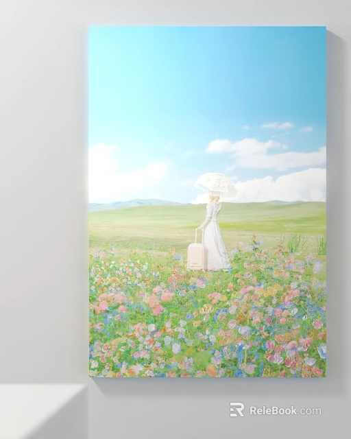 Woman In White Dress With White Umbrella And Pink Suitcase In Colorful Flower Meadow 3d model 