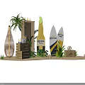 Corona Beer Bottle And Surfboards With Decorative Plants Candles And Wooden Boxes