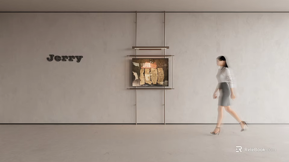 Abstract Painting Displayed on Modern Wall with Jerry Sign and Walking Woman 3d model 