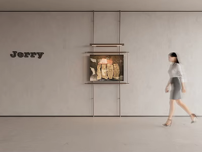 Abstract Painting Displayed on Modern Wall with Jerry Sign and Walking Woman 3d model