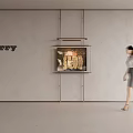 Abstract Painting Displayed on Modern Wall with Jerry Sign and Walking Woman