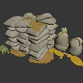 Stacks of White Grain Sacks With Spilled Grains Small Bags And Yellow Bananas