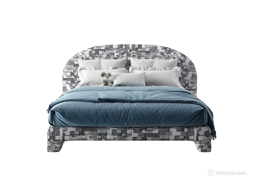 Stylish Double Bed With Patterned Headboard Blue Comforter And White Pillows 3d model 