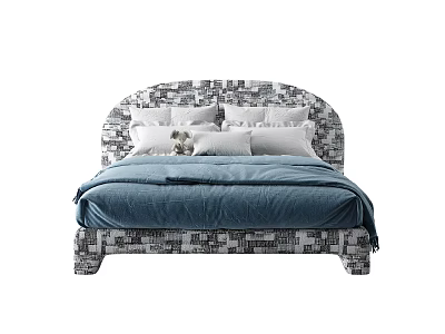 Stylish Double Bed With Patterned Headboard Blue Comforter And White Pillows 3d model