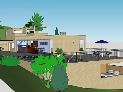 Modern Detached Villa Exterior With Terrace Outdoor Seating Greenery And Glass Windows 3d model