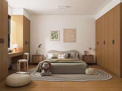 Modern Bedroom Interior Design With Wooden Wardrobes Bed Decorative Paintings And Rug 3d model