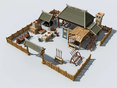 Ancient Architecture Courtyard Featuring Wooden Fence Traditional Tiled Roof Pavilion And Farm Tools 3d model