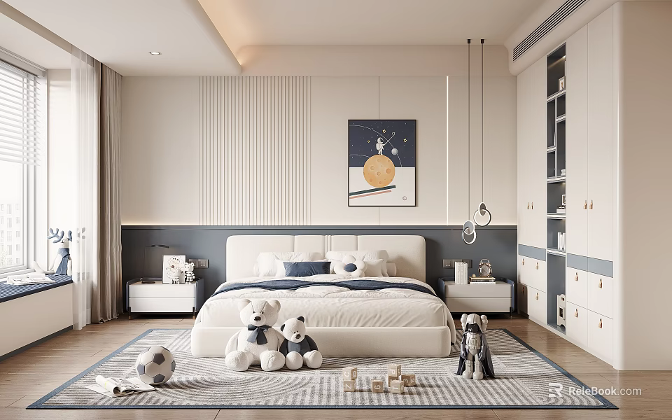Modern Kids Room Interior Design With Bed Teddy Bears Wall Art And Storage Cabinets 3d model 