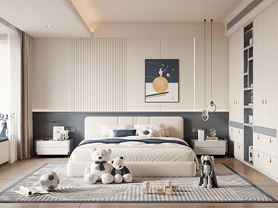 Modern Kids Room Interior Design With Bed Teddy Bears Wall Art And Storage Cabinets 3d model