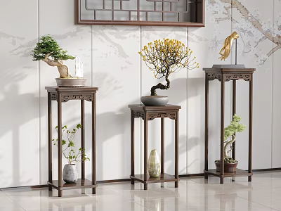 Chinese Style Decorative Cabinets With Bonsai Plants And Ornaments In Home Interior 3d model