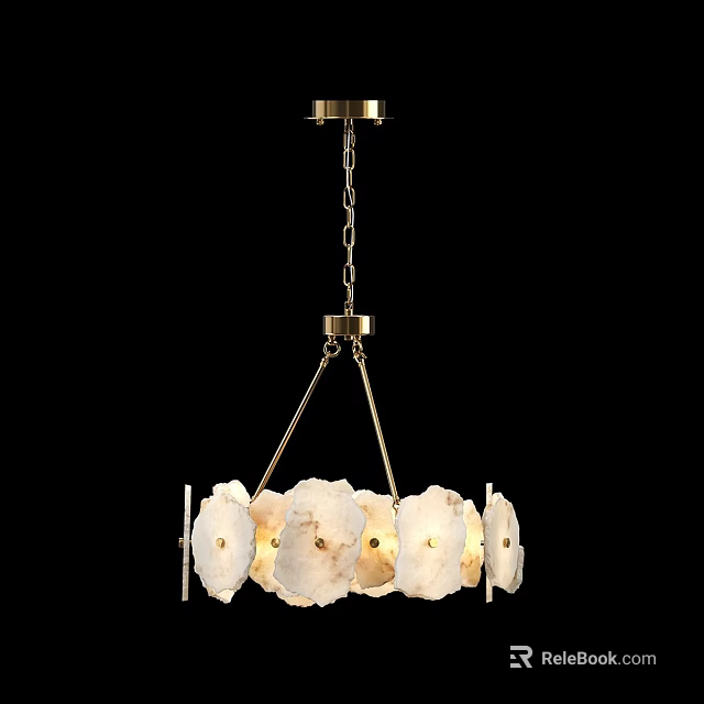 Elegant Brass Chandelier with Circular Alabaster Shades Suspended by Chain and Warm Illumination 3d model 
