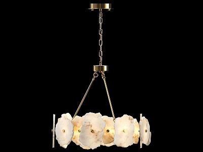 Elegant Brass Chandelier with Circular Alabaster Shades Suspended by Chain and Warm Illumination 3d model