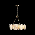 Elegant Brass Chandelier with Circular Alabaster Shades Suspended by Chain and Warm Illumination