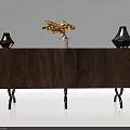 Wooden TV Stand Featuring Wood Grain Design Black Legs Decorative Vases And Golden Sculpture