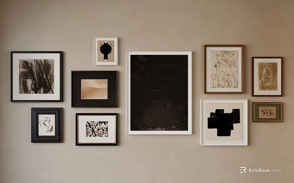 Gallery Wall With Various Framed Artworks In Different Styles On Neutral Wall 3d model