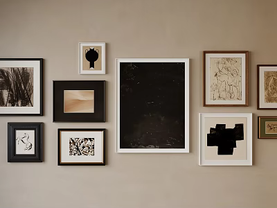 Gallery Wall With Various Framed Artworks In Different Styles On Neutral Wall 3d model