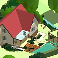 Detached Villa With Red Roof Green Trees Lawn And Swimming Pool Garden