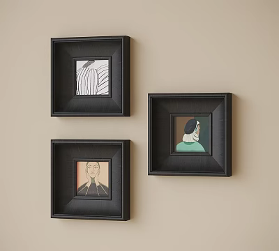 Abstract Paintings in Black Frames Featuring Portrait and Line Design on Beige Wall 3d model
